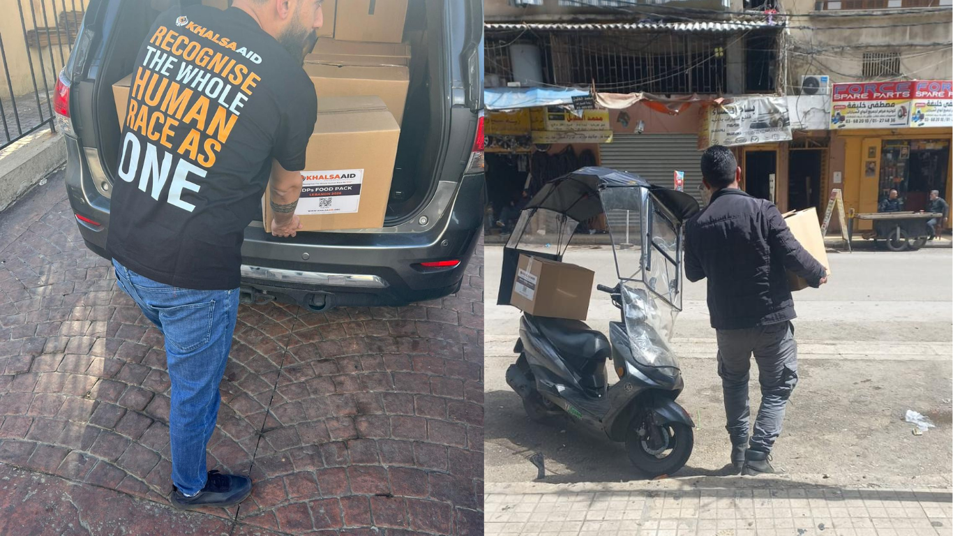 Khalsa Aid food pack distribution for displaced families in Beirut, Lebanon, March 2026.