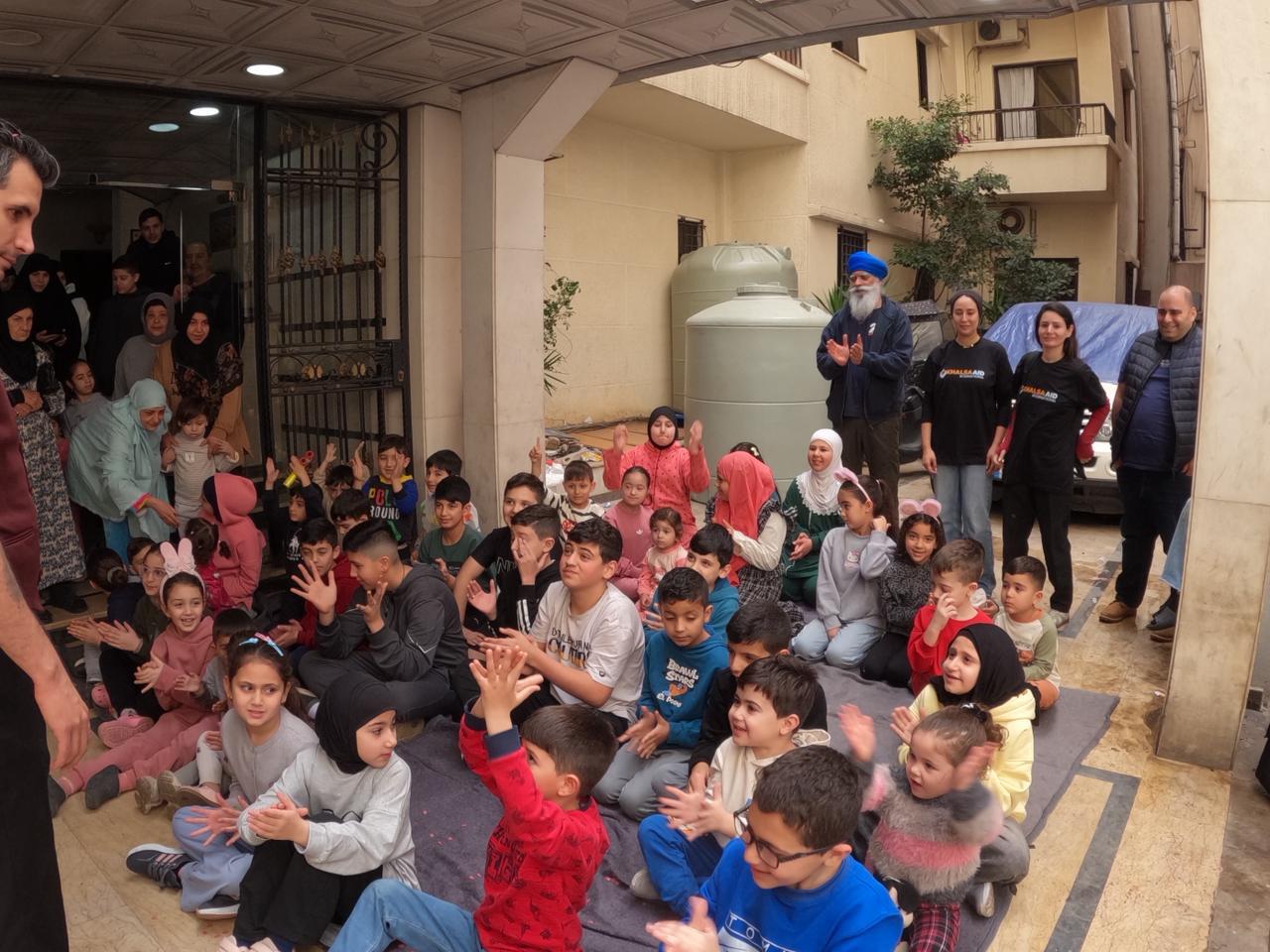 Khalsa Aid team with displaced children in Beirut, Lebanon